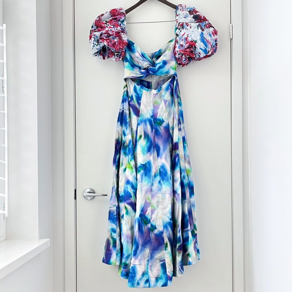 NWOT Aureta Studio Puff Sleeves Tie Dye Blue Maxi Dress S